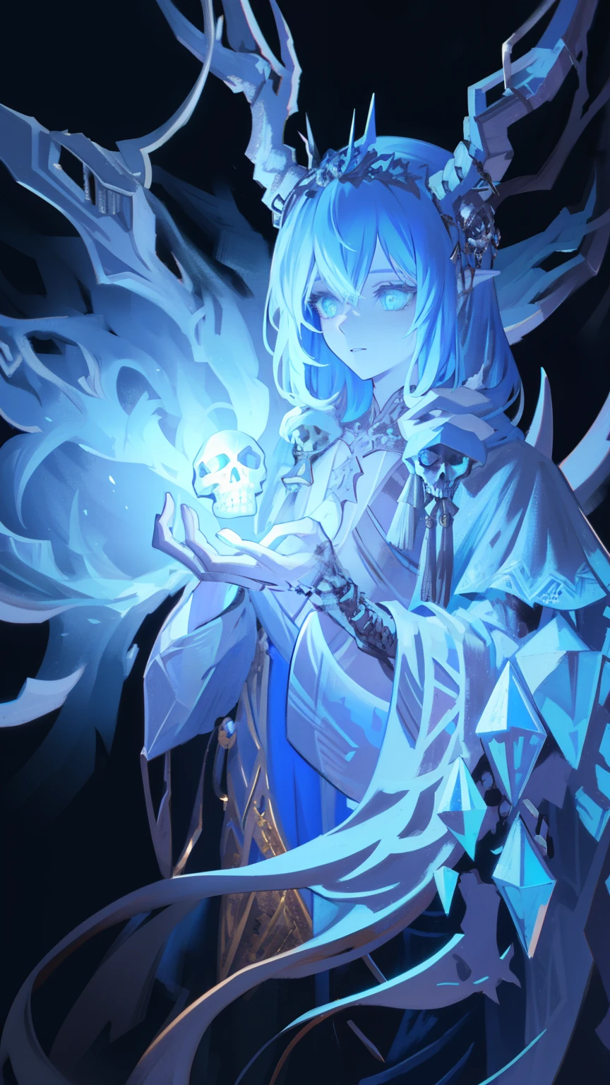 Skeleton man with pieces of flesh hanging from his bones, His skull is covered with icicles and frost, Intricate carving, wearing a facemask, Glowing eye sockets, Wearing a frozen blue crown, masterpiece, highest quality, intricate details, disorganized, chromatic aberration, Depth of bounds written, soft lighting, tone mapped, very detailed, art station, concept art, Smooth, sharp focus, dramatic lighting, very detailed artwork, cinematic, Trending with ArtStation, 8K, incredible shadow, (very detailed background:1.0)