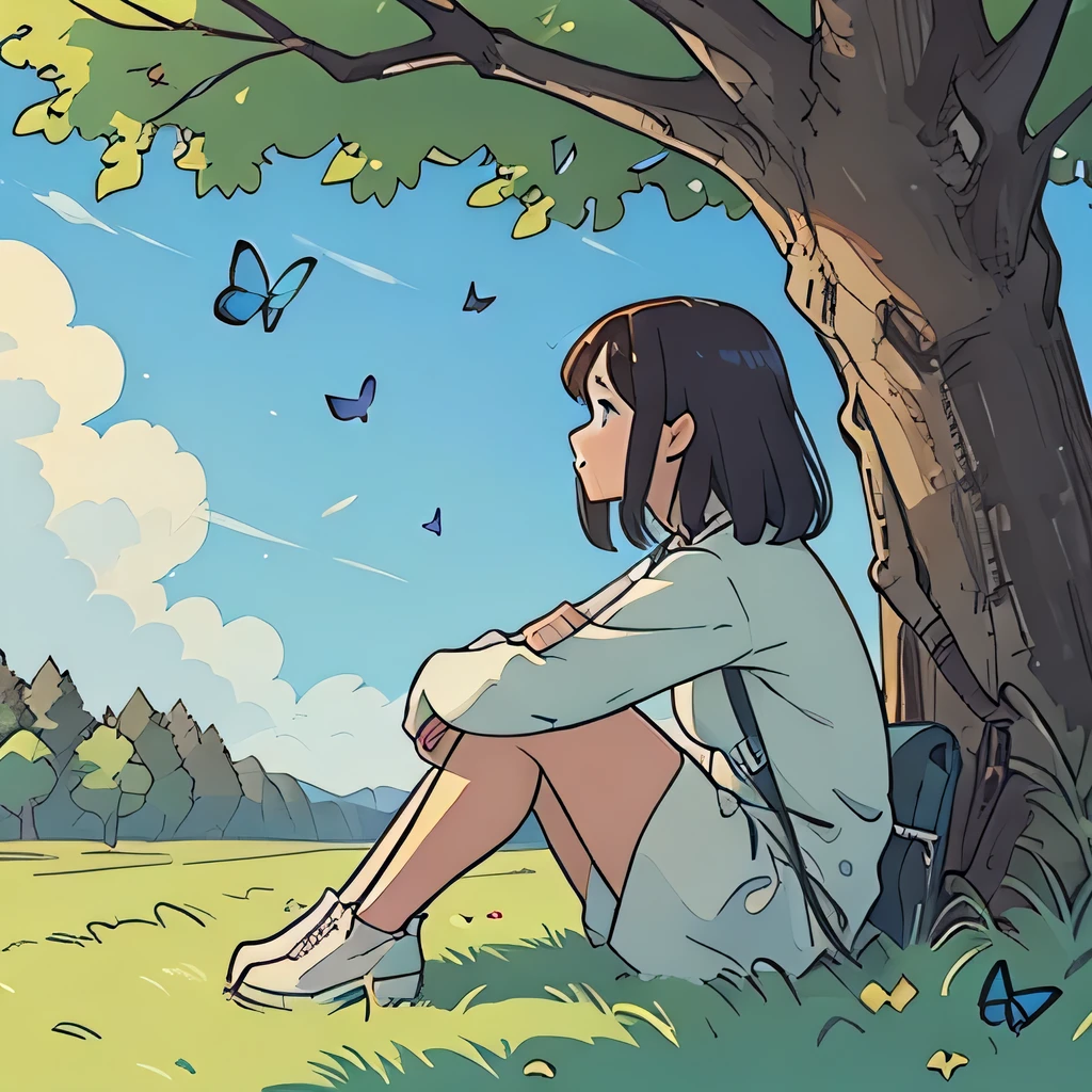 side view illustration of a girl sitting on grass, under a tree , butterflies, looking behind her
