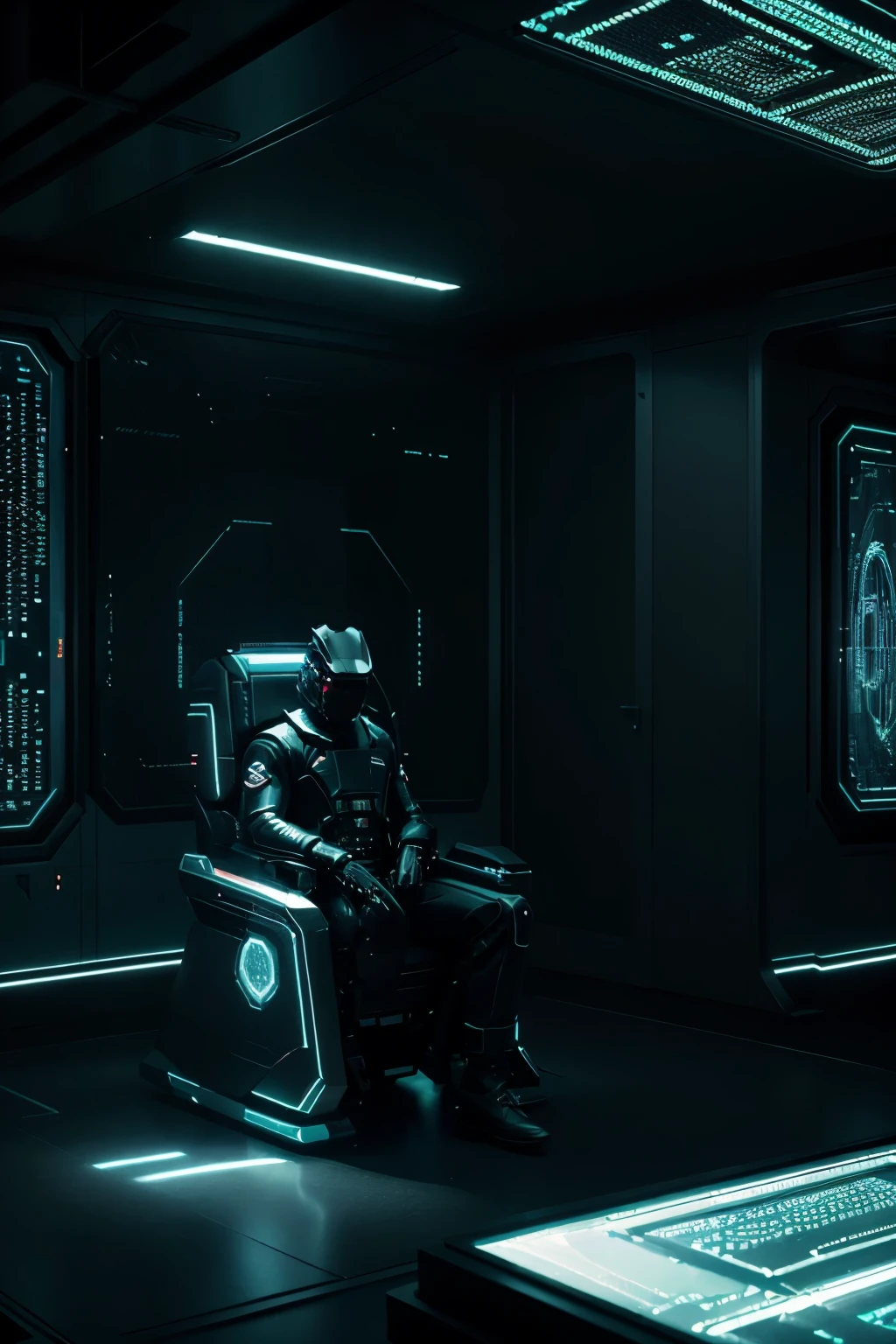 arafed image of a man sitting with a fedora hat in a chair in a dark room, artem demura beeple, 3 d render beeple, cinematic beeple, minimalist cinematic lighting, by Christopher Balaskas, beeple global illumination, beeple. octane render, dramatic lighting sci fi, inspired by Mike Winkelmann.The character is silhouetted against the ethereal glow emanating from the intricate patterns of lights embedded within the pillars, highlighting their isolation. a futuristic city with a lot of lights, futuristic hall, spaceship hallway background, intricate sparkling atmosphere, photo of futuristic cityscape, surreal cyberspace, cyber space, glowing lights intricate, futuristic and ethereal, cyber architecture, background of digital greebles, futuristic dramatic lighting, abstract art representing data, in a dark futuristic room, abstract tech, volumetric lighting futuristic