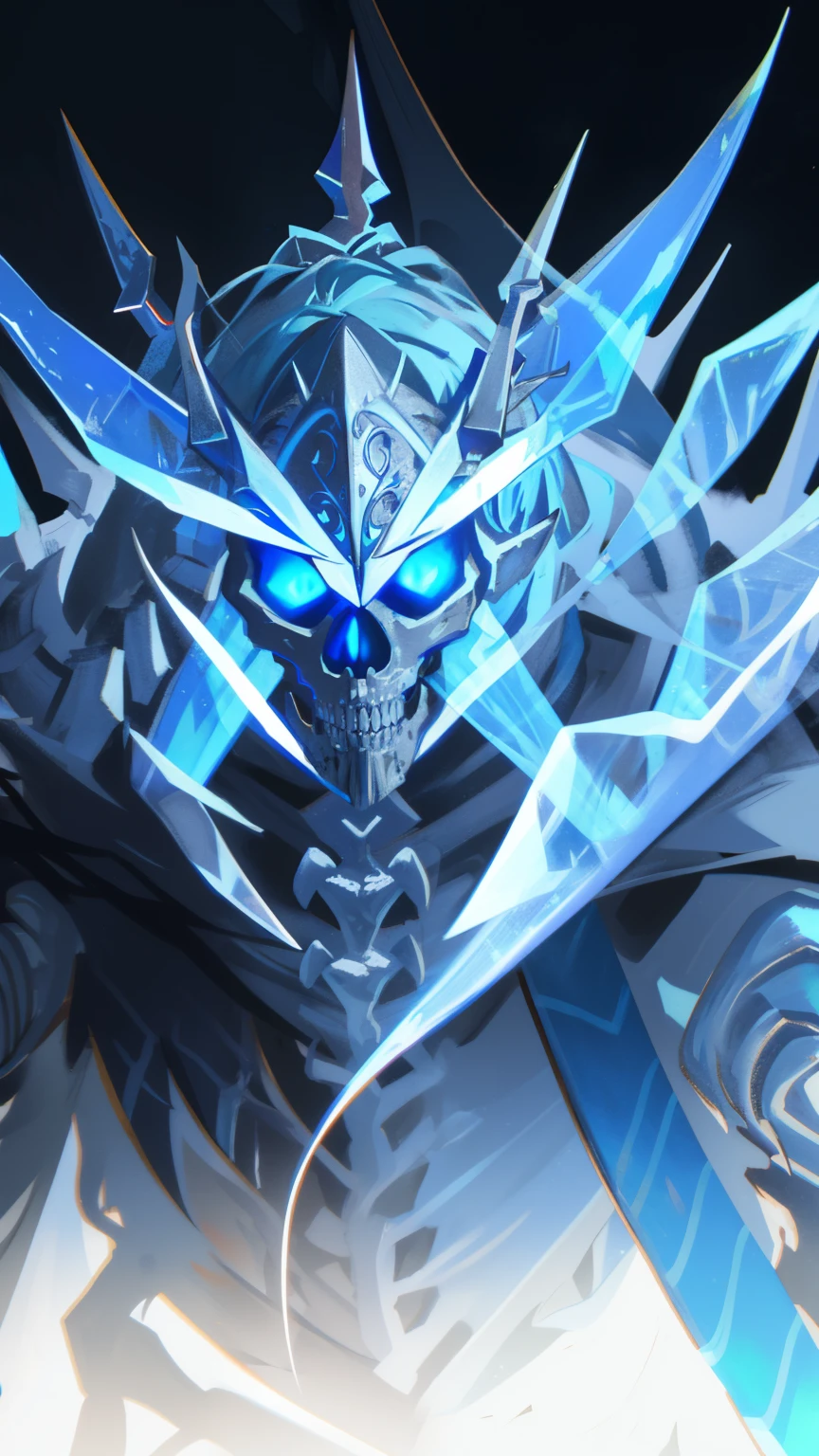 Skeleton man with pieces of flesh hanging from his bones, His skull is covered with icicles and frost, Intricate carving, wearing a facemask, Glowing eye sockets, Wearing a frozen blue crown, masterpiece, highest quality, intricate details, disorganized, chromatic aberration, Depth of bounds written, soft lighting, tone mapped, very detailed, art station, concept art, Smooth, sharp focus, dramatic lighting, very detailed artwork, cinematic, Trending with ArtStation, 8K, incredible shadow, (very detailed background:1.0)