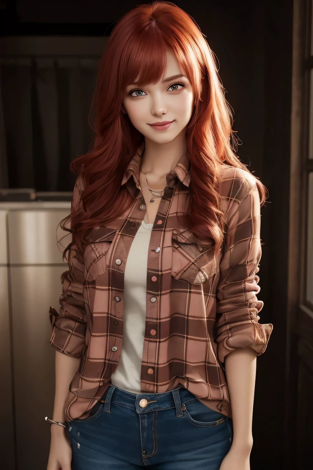 1 girl, star eye, blush, smile, perfect lighting, redhead, red eyes, unreal engine, side light, detailed face, bangs, bright skin, simple background, dark background, Leopard print flannel shirt and distressed jeans, cowboy shot, roll up her sleeves