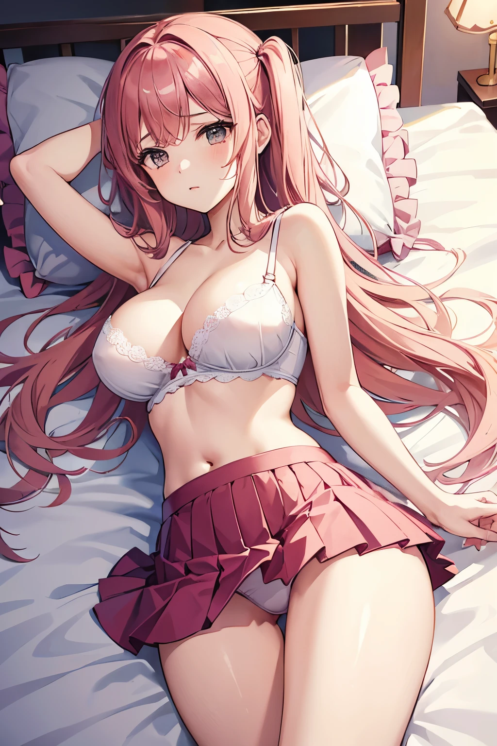 a girl，underwear，big breasts，Lying in bed，legs spread，Pink pleated skirt，masterpiece，high quality