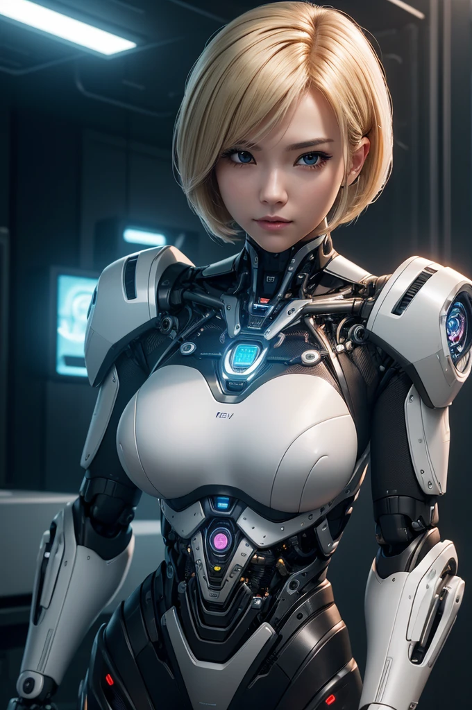 Intelligent Bionic Robot、femele、Cyborg Robot Parts、cable electric wires、microchips、bright studio、hyperphotorealism、high-detail、intricate detailes、softlighting、Rim Lights、rendering by octane、Unreal Engine 5 Renders、Mechanical Public Enemy Style、8K、top-quality、masterpiece、Low ISO、White Balance、high key lighting、Creates a soft and graceful feel with a shallow depth of field,超A high resolution,Big Breast Machine,cyberpunked,Blonde Short Bob,