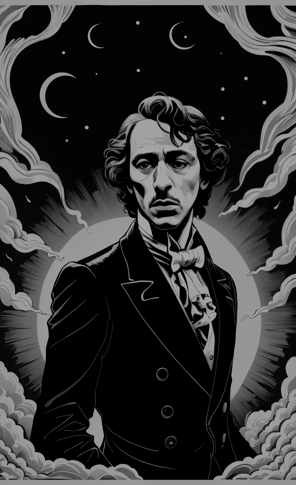 a black and white drawing of a man in a tuxedo, martin ansin artwork portrait, martin ansin, inspired by Joseph Clement Coll, tim burton comic book art, lubezki, black and white vector art, inspired by Endre Bálint, inspired by Grzegorz Domaradzki, edgar allan poe, edgar allan poe as the raven