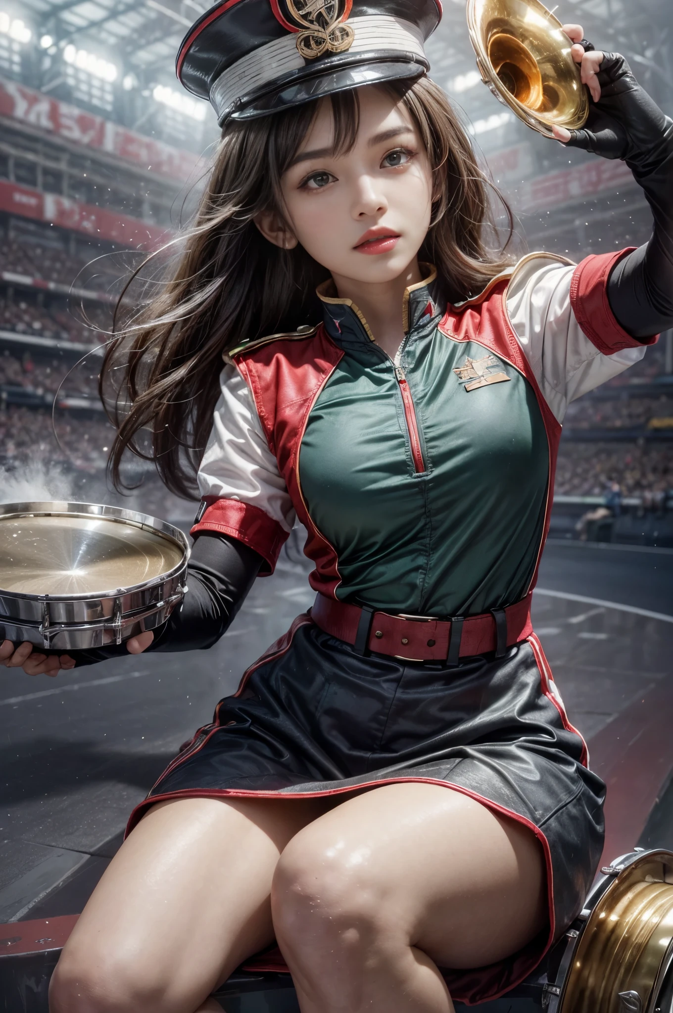 (front focus、perfect anatomy:1.5)、(Super detailed、16K quality、genuine skin: 1.6)、hyper genuineist、genuine.cinematic lighting、portrait、highly detailed face、1 beautiful thai girl、 （beautiful 14 year old half thai/japanese girl、smile:1.3）（medium straight brown hair、Large slit eyes、eye shadow、eyeliner、green color contact lenses:1.5）flashy gal makeup（黒くsunburnした肌、black skin:1.8）sunburn、eyeliner、red lips.BREAK、full body、(wearing marchingband uniform:1.63,West Point hat:1.63),(marching with a snare drum:1.5),(working:1.1)(playing at the stadium)