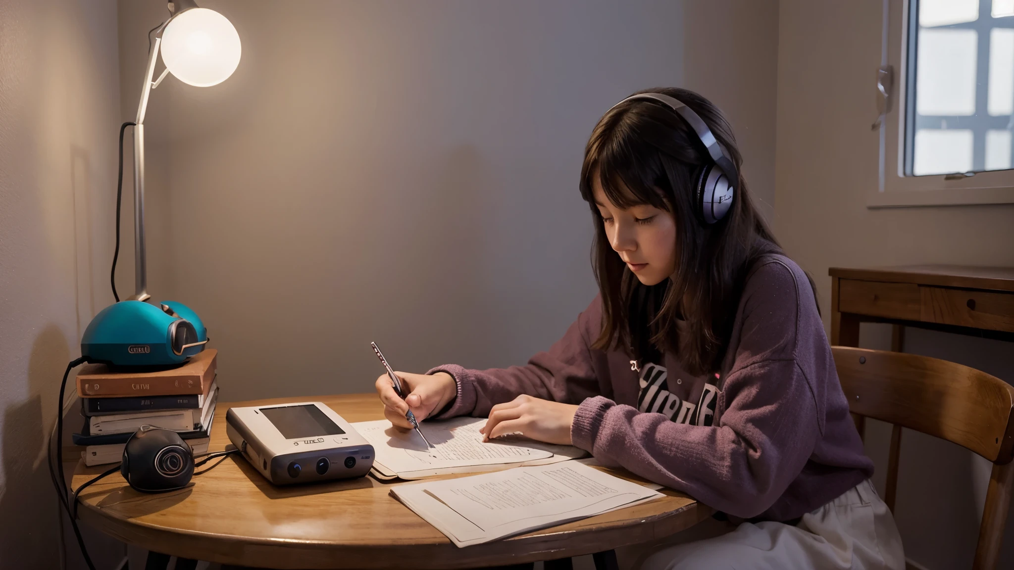 Girl learning on the table, writting and listen to music in a cozy room at night, Usando fones de ouvido, Anime estilo 2D, Lo-fi, disco Rigido, Ambiente escuro, lofi girl, in the warm room with light