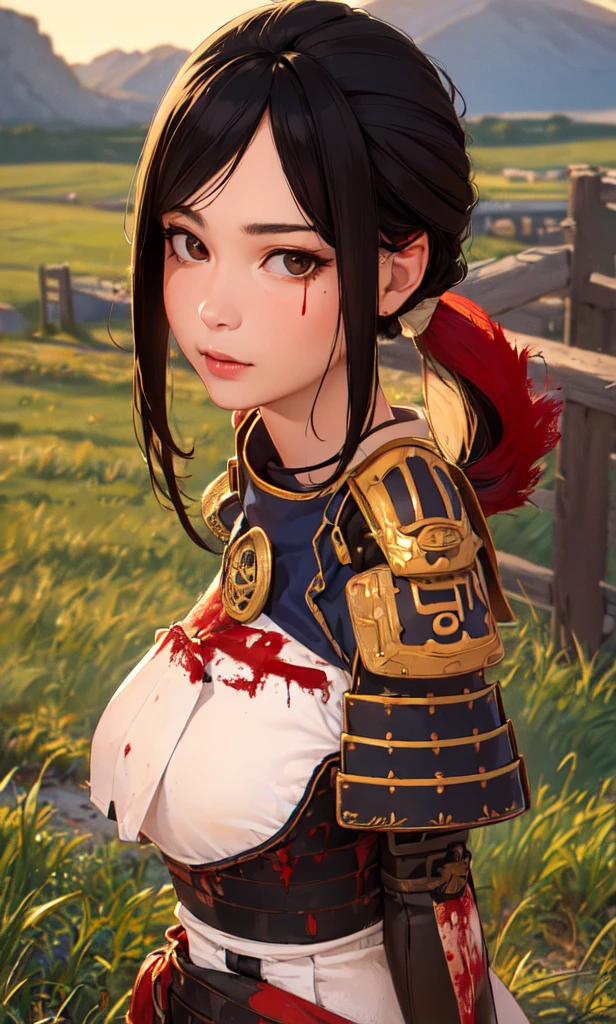 4k, 8k, best quality, ultra high res, (photorealistic:1.4),(masterpiece:1.2), best quality, masterpiece, highres, original, extremely detailed wallpaper, (ultra-detailed), (best illustration), (best shadow), (realism), realistic, 1girl, solo, ((adult)) , samurai, black hair, bangs, (high ponytail), very detailed faces, (detail eyes:1.2), brown eyes, (red armor), uniform, shoulder badge, shibari, looking at viewer, cool face, blood on face, dirty face, slime girl, cowboy shot, dusk, yellow sun, grass field, 