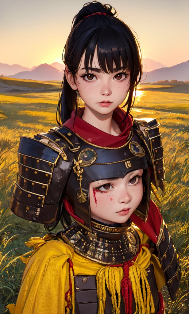 4k, 8k, best quality, ultra high res, (photorealistic:1.4),(masterpiece:1.2), best quality, masterpiece, highres, original, extremely detailed wallpaper, (ultra-detailed), (best illustration), (best shadow), (realism), realistic, 1girl, solo, ((adult)) , samurai, black hair, bangs, (high ponytail), very detailed faces, (detail eyes:1.2), brown eyes, (red armor), uniform, shoulder badge, shibari, looking at viewer, cool face, blood on face, dirty face, slime girl, cowboy shot, dusk, yellow sun, grass field, 