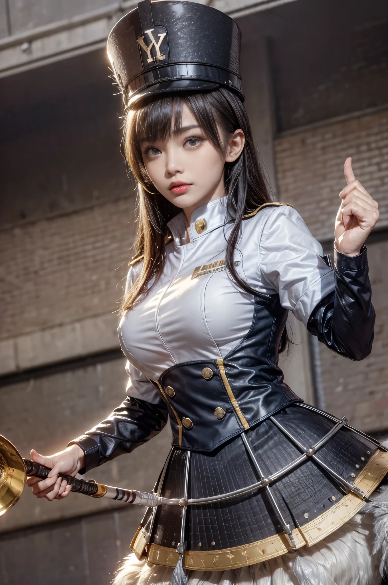 (front focus、perfect anatomy:1.5)、(Super detailed、16K quality、genuine skin: 1.6)、hyper genuineist、genuine.cinematic lighting、portrait、highly detailed face、1 beautiful thai girl、 （beautiful 14 year old half thai/japanese girl、smile:1.3）（medium straight brown hair、Large slit eyes、eye shadow、eyeliner、green color contact lenses:1.5）flashy gal makeup（黒くsunburnした肌、black skin:1.8）sunburn、eyeliner、red lips.BREAK、full body、(wearing marchingband uniform:1.63,West Point hat:1.63),(marching  play a snare drum:1.8)Play the snare drum,(working:1.1)(playing at the stadium)