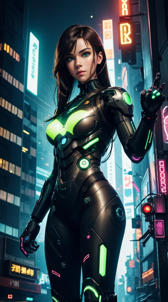 cyborg girl, robot hand, green eyes, cyberpunk city background, neon light, dark brown hair, greeting pose, masterpiece, ultra high details