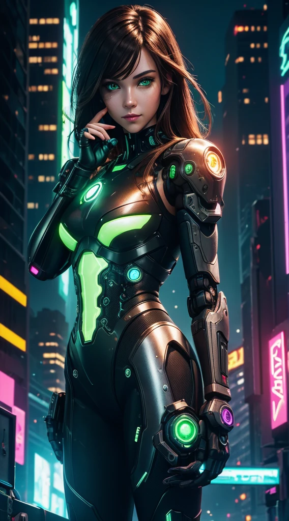 cyborg girl, robot hand, green eyes, cyberpunk city background, neon light, dark brown hair, greeting pose, masterpiece, ultra high details