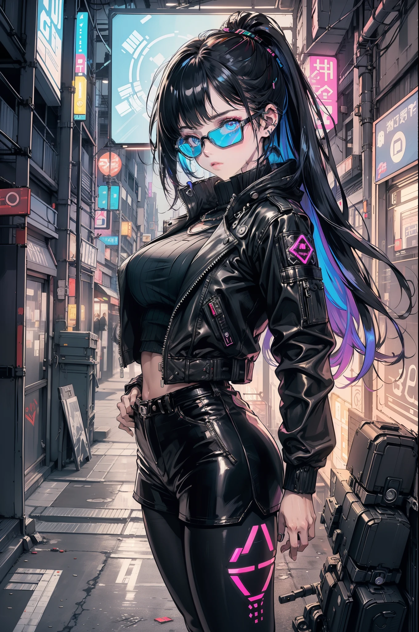 1 girl ,tmasterpiece, Best quality at best, ultra - detailed, illustratio, Cyberpunk rebel hacker style: Future city quality: Sharp and dynamic, Depict a character: Tech-savvy roles are inspiring: Neon city lights reflect her cybernetically enhanced shadowold contrasts accentuated her confident and bold outfit: High-tech tights leather jacket, Augmented reality glasses background: A gritty back alley filled with holographic graffiti and neon lights