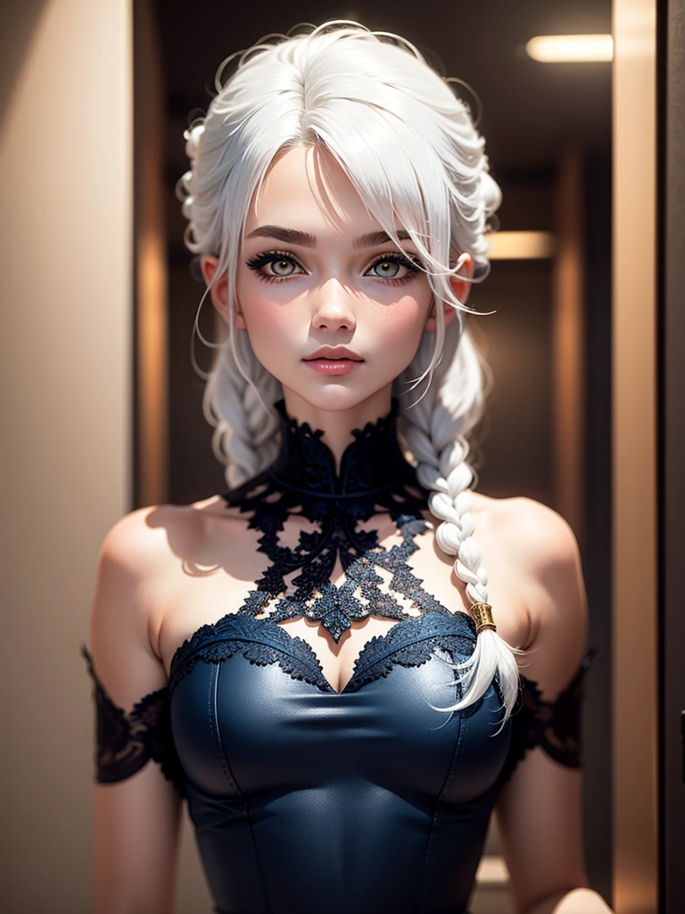 best quality, masterpiece, white hair, gold eyes, dark blue dress, looking up, upper body, hair strand, Fair skin, side braids