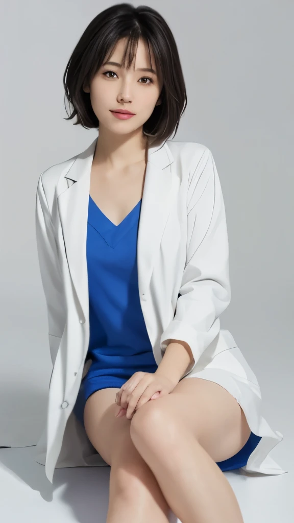 (In 8K、Raw photo、highest quality、realistic、Photoreal, look at the camera, light shines on your face, gray background), 38-year-old Japanese woman, physician, kind, medium hair, minimal makeup, lab coat, comfortable scrubs, supportive sneakers, simple jewelry.