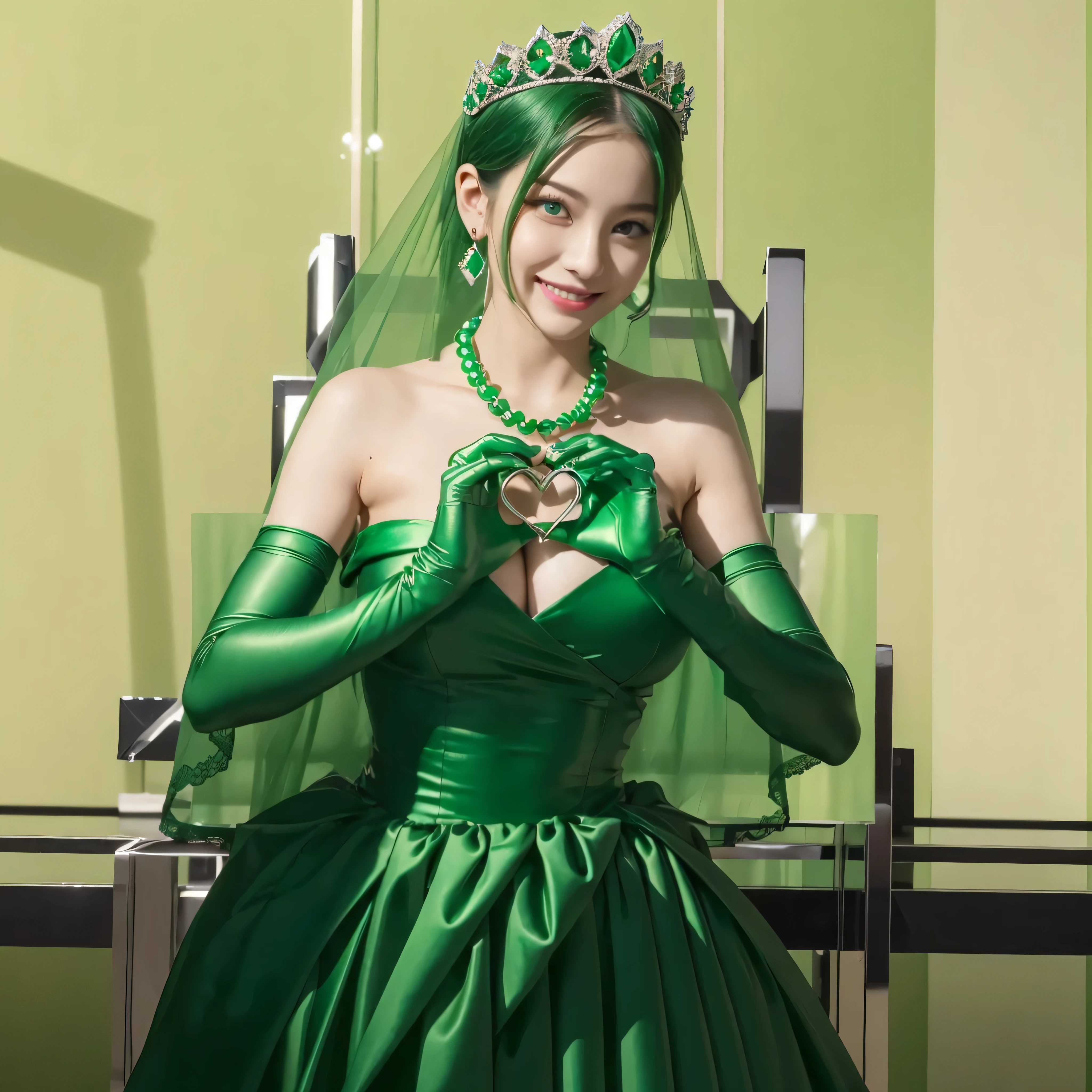 highest quality、masterpiece、(realistic:1.2), emerald tiara, green pearl necklace, ボーイッシュな非常に短いgreen hair, lipstick, smiling woman, very short hair, Beauty with large breasts, green eyes, Long Green Satin Gloves, green eyes, emerald earrings, green veil, heart with both hands, green hair, Beautiful woman, heart shaped hand:1.3