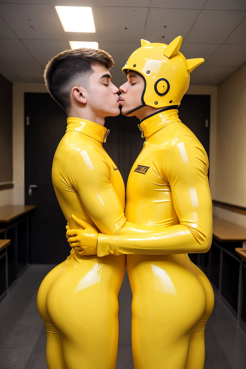 Two high school boys wearing yellow latex catsuit Kissing each other