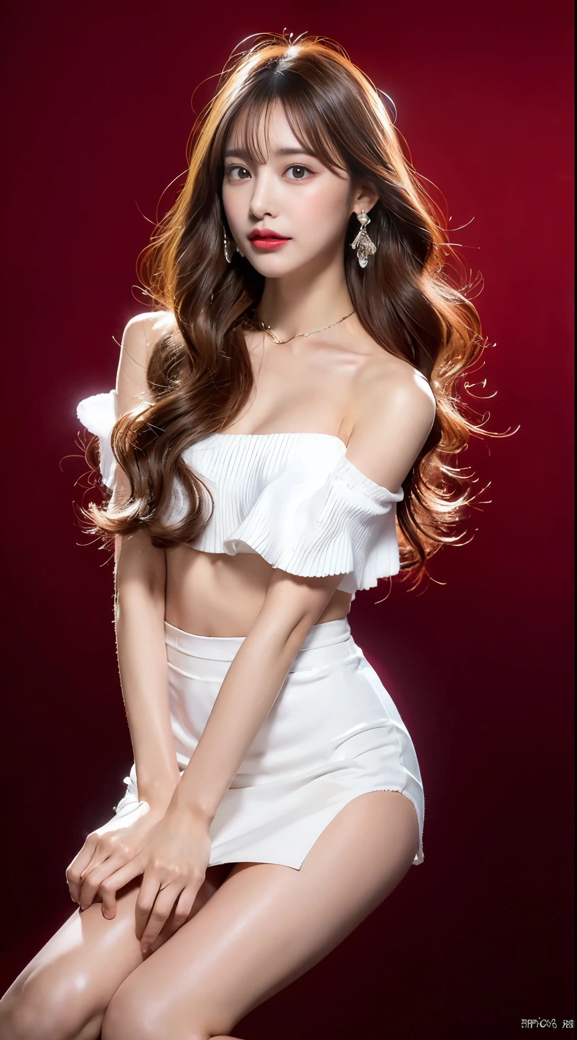 (Random single color background: 1.5), 8K, highest quality, ultra high resolution, table top, realistic, realistic, high contrast, photon mapping, realistic, ultra detail, Low - Angle: 1.3, 1 girl, alone: 1.5, whole body, downtown, kpop star, K-POP idol, KPOP Costumes, sexy, (豪華なsexyな赤いランジェリー), flashy makeup, off shoulder: 1.2, short skirt: 1.2, blouse, Raw legs, high heels, 100 degree spread legs: 1.5, M-shaped legs, thighs open: 1.5, long brown hair, See-through wet white panties: 1.5, Panties visible from under the skirt: 1.3, expensive, Height is 170 cm, long legs: 1.2, small breasts, beautiful face: 1.2, Detailed female pubic shape is clearly visible: 1.3, pubic hair: 1.3, :1.3、rough skin