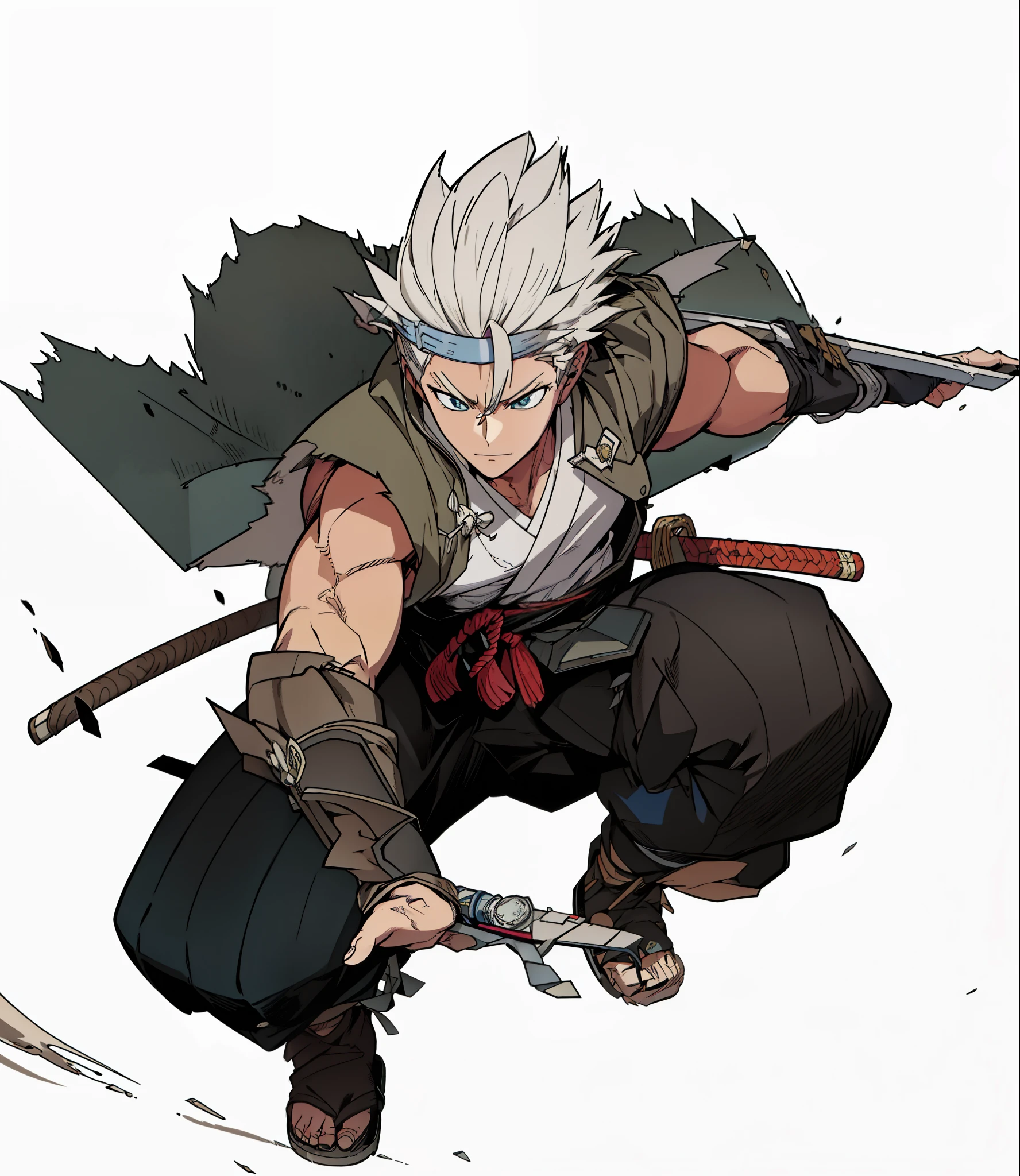 Japanese manga style, Q version, Cartoon, chino, Stroke style, Man with short white hair, whole body perspective, front view, swordsman, warrior, Wearing a Japanese-style kimono, Jumping action, Flying into the sky, Can ninjutsu, Nice blue eyes, Looking at the camera with sharp eyes,Handsome expression, ninja in naruto、 white hair short hair,