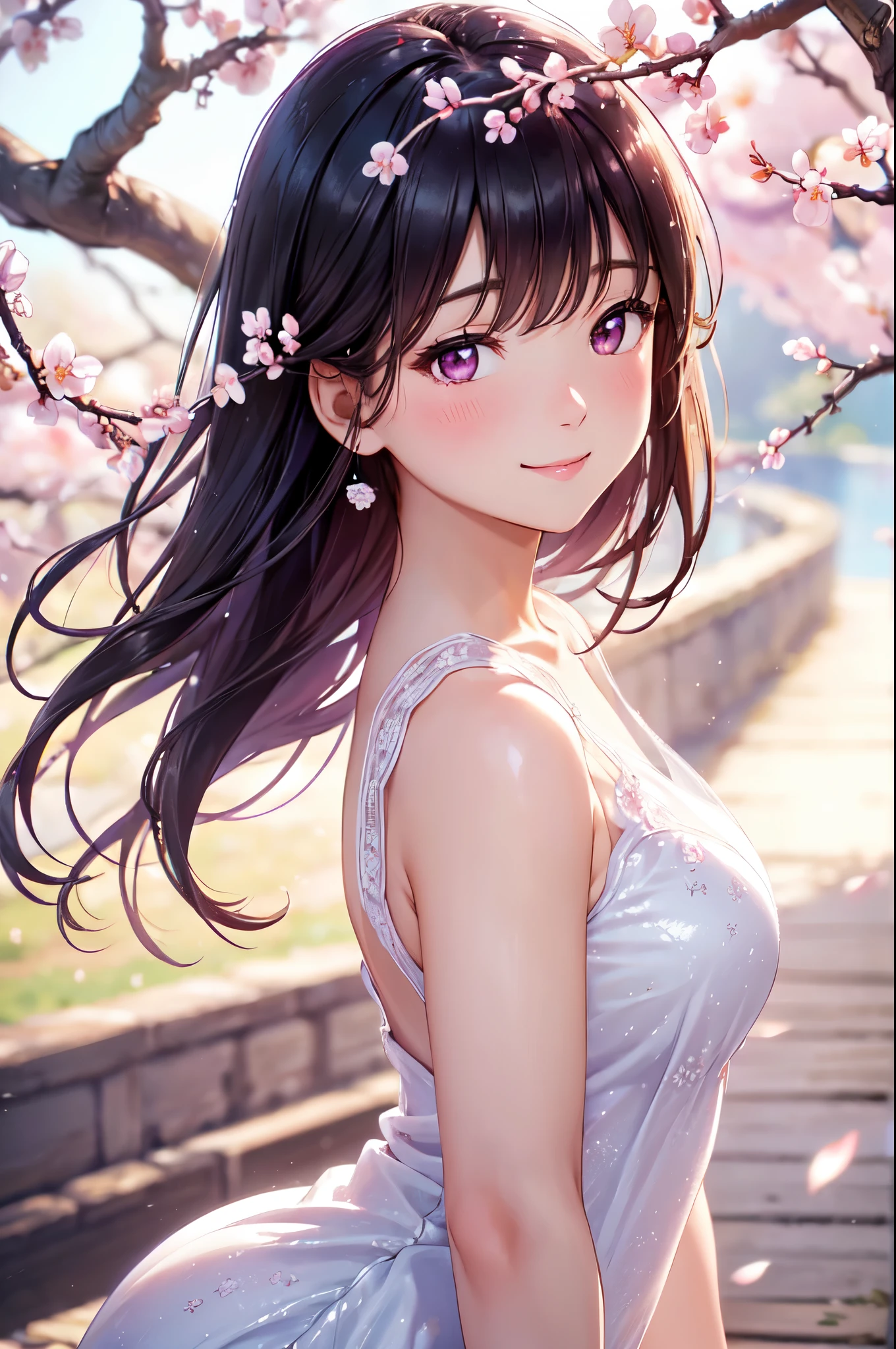 (High quality, High resolution, Fine details), (Plum Blossom Tree:1.2), White Simple Dress, solo, curvy women, black hair, sparkling eyes, (Detailed eyes:1.2), smile, blush, Sweat, Oily skin, shallow depth of field, fantastic, Bokeh, Soft Tones
