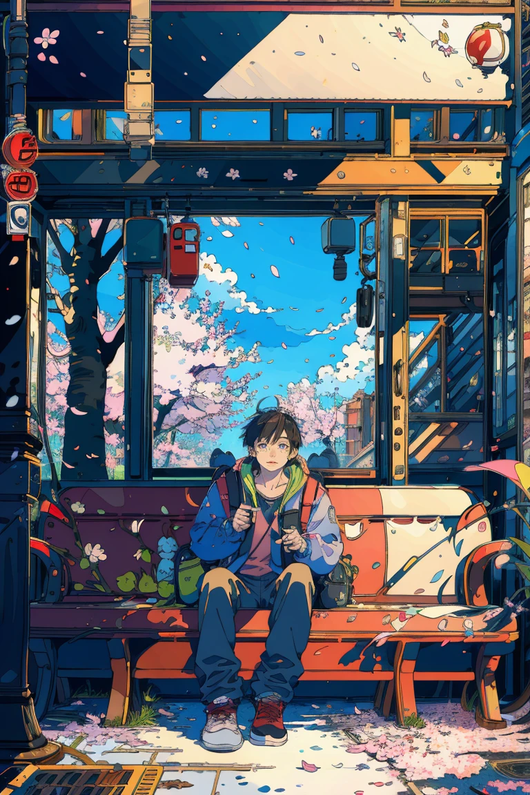 (masterpiece:1.2), best quality,PIXIV,fairy tale style, 1 man waiting his bus, spring, cherry blossom