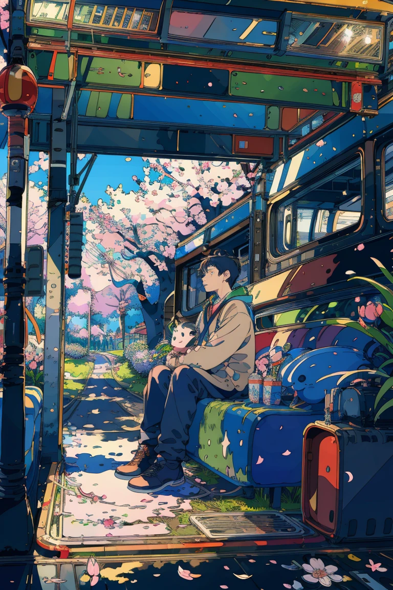 (masterpiece:1.2), best quality,PIXIV,fairy tale style, 1 man waiting his bus, spring, cherry blossom

