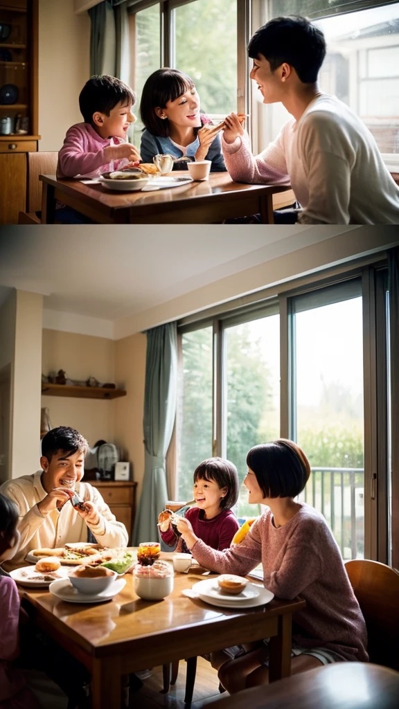 View of a family sitting at breakfast table eatting chocolate sandwich  happily. vertical image. 9:16 ratio. Photo real. 
