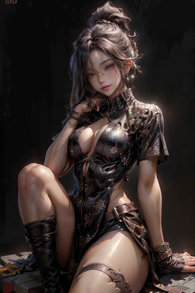 (best quality:1.6), (masterpiece:1.2), (realistic:1.4), taller slim woman, (hair over one eye:1.3), (mekakure:1.3), (tongue out:1.3), (show her tongue:1.3), (asymmetrical hair:1.1), (silver hair:1.2), (dark eye makeup:1.3), (Dark black eyeshadow:1.3), (handsome face:1.3), (brown skin:1.4), (tanned skin:1.3), (bronze skin:1.3), (mahogany colored skin:1.3), gorgeous eyes, stick out her tongue and open her mouth wide, toned abs, half-closed eyes, (open legs:1.1), (knees up:1.2), (staring at me:1.2), provocative sadistic smile, arm to head, front open shirt, unbuttoned to the belly, confident expression, many piercings, bare foot, bare legs, luxurious bedroom, dynamic pose, cinematic angle, Detailed drawing, perfect anatomy, (High Resolution), (high detailed skin), ((top-quality)), ((High Definition)), high quality shadow, mostly cloudy sky, detailed background, ((Unbeatable masterpiece)), Maximum clarity and sharpness, Multi-layer Textures, Post-Processing, Anisotropic Filtering, octane render, two-tone lighting, professional photography, Realistic portrait, White balance, Long Exposure, Low ISO, 8K RAW, perfect hands, detailed fingers, Ray Tracing, Depth of Field, (((Photorealistic))), anatomically correct, (((Best Quality))), (((Super Detail))), (((UHD)))