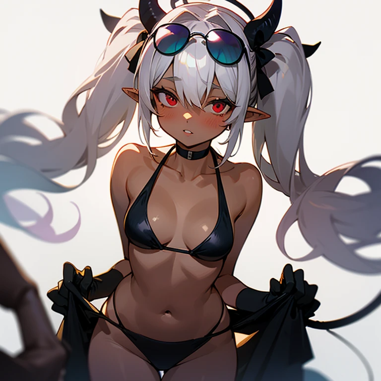 1girl, long hair, breasts, looking at viewer, blush, simple background, red eyes, gloves, 1boy, white background, ribbon, navel, twintails, medium breasts, tail, swimsuit, hetero, grey hair, bikini, parted lips, solo focus, choker, pointy ears, dark skin, clothes lift, hair over one eye, dark-skinned female, black bikini, pov, black choker, halo, sunglasses, demon tail, eyewear on head, assisted exposure, unaligned breasts, bikini lift, lifted by another