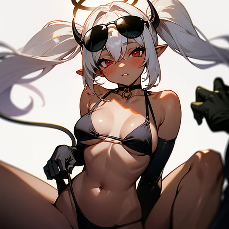 1girl, long hair, , looking at viewer, blush, simple background, red eyes, gloves, 1boy, white background, ribbon, navel, twintails, medium breasts swimsuit, hetero, grey hair, bikini, parted lips, solo focus, choker, pointy ears, dark skin, clothes lift, hair over one eye, dark-skinned female, black bikini, pov, black choker, halo, sunglasses, demon tail, eyewear on head, assisted expos, unaligned breasts, bikini lfted by another
