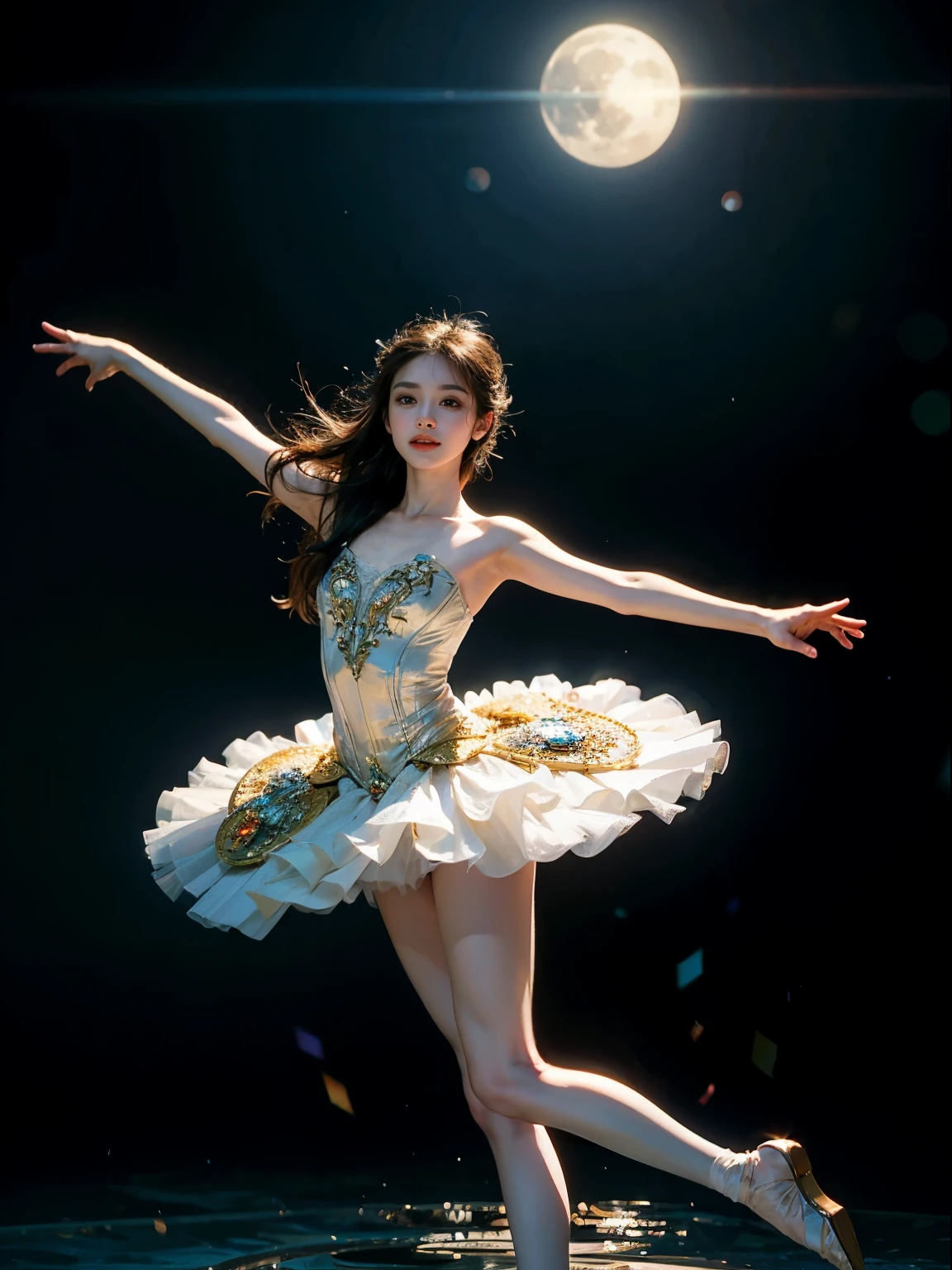 fantasy, high quality, 8K, realistic,photo realistic,RAW photo,photography,High resolution, ultra-definition, highest quality,Dramatic lighting, glitter effect, from below, midnight, moonlight, ballet、Swan Lake、ballet swan lake、jumping, Lake in the deep forest、full body、break, A prima donna girl gracefully dances ballet in the moonlight on a mysterious large lake.、jumping pose, raise both arms up、big long horizontal jump、Jump with your legs wide apart、(Stretch your right leg straight out in front of you)、(Extend your left leg straight behind you)、Lonely、1 girl、((luxurious and delicate white tutu)),semi-long hair,black hair,black eyes、beautiful feet、Ballet Pointe Shoes, Peeking from below、Straddling the camera、