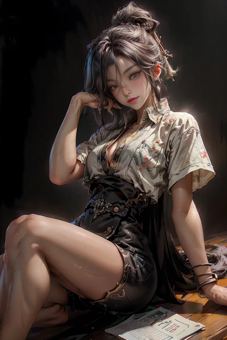 (best quality:1.6), (masterpiece:1.2), (realistic:1.4), taller slim woman, (hair over one eye:1.3), (mekakure:1.3), (tongue out:1.3), (show her tongue:1.3), (asymmetrical hair:1.1), (silver hair:1.2), (dark eye makeup:1.3), (Dark black eyeshadow:1.3), (handsome face:1.3), (brown skin:1.4), (tanned skin:1.3), (bronze skin:1.3), (mahogany colored skin:1.3), gorgeous eyes, stick out her tongue and open her mouth wide, toned abs, half-closed eyes, (open legs:1.1), (knees up:1.2), (staring at me:1.2), provocative sadistic smile, arm to head, front open shirt, unbuttoned to the belly, confident expression, many piercings, bare foot, bare legs, luxurious bedroom, dynamic pose, cinematic angle, Detailed drawing, perfect anatomy, (High Resolution), (high detailed skin), ((top-quality)), ((High Definition)), high quality shadow, mostly cloudy sky, detailed background, ((Unbeatable masterpiece)), Maximum clarity and sharpness, Multi-layer Textures, Post-Processing, Anisotropic Filtering, octane render, two-tone lighting, professional photography, Realistic portrait, White balance, Long Exposure, Low ISO, 8K RAW, perfect hands, detailed fingers, Ray Tracing, Depth of Field, (((Photorealistic))), anatomically correct, (((Best Quality))), (((Super Detail))), (((UHD)))