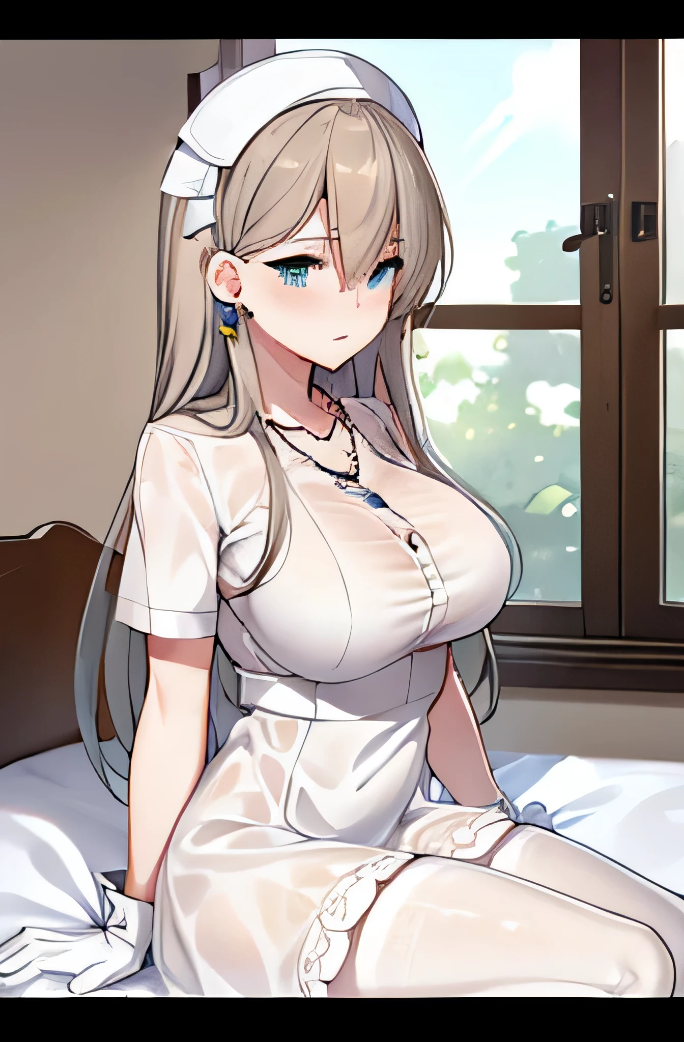1 girl, (alone:1.2), (Beautiful and detailed eye descriptions), (Beautiful and detailed face), perfect female body, Neat figure, thin waist, (young girl), (20 years old), long hair, eyes are big, medium breasts, blush, Shy, Moisturized lips, Nurse, (transparent Nurse dress), Nurse cap, unbuttoned, (White gloves:1.2), (white pantyhose), High heel, necklace, earrings, indoors, school Nurse, hospital bed, window, White curtains, Sunlight, Squatting, (Super detailed), (The original), (Extremely detailed CG unified 8k wallpaper), Game CG, Detailed manga illustrations, (cowboy shooting:1.2), role conception, (best quality), (masterpiece), (high resolution)