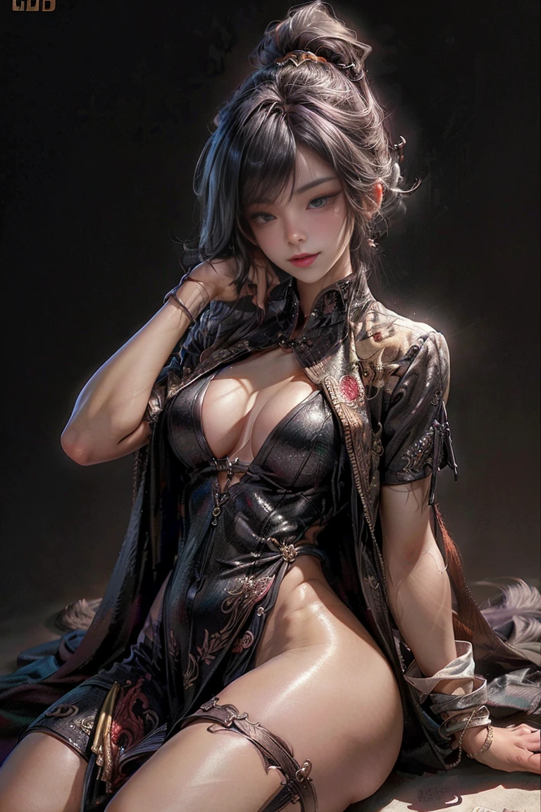 (best quality:1.6), (masterpiece:1.2), (realistic:1.4), taller slim woman, (hair over one eye:1.3), (mekakure:1.3), (tongue out:1.3), (show her tongue:1.3), (asymmetrical hair:1.1), (silver hair:1.2), (dark eye makeup:1.3), (Dark black eyeshadow:1.3), (handsome face:1.3), (brown skin:1.4), (tanned skin:1.3), (bronze skin:1.3), (mahogany colored skin:1.3), gorgeous eyes, stick out her tongue and open her mouth wide, toned abs, half-closed eyes, (open legs:1.1), (knees up:1.2), (staring at me:1.2), provocative sadistic smile, arm to head, front open shirt, unbuttoned to the belly, confident expression, many piercings, bare foot, bare legs, luxurious bedroom, dynamic pose, cinematic angle, Detailed drawing, perfect anatomy, (High Resolution), (high detailed skin), ((top-quality)), ((High Definition)), high quality shadow, mostly cloudy sky, detailed background, ((Unbeatable masterpiece)), Maximum clarity and sharpness, Multi-layer Textures, Post-Processing, Anisotropic Filtering, octane render, two-tone lighting, professional photography, Realistic portrait, White balance, Long Exposure, Low ISO, 8K RAW, perfect hands, detailed fingers, Ray Tracing, Depth of Field, (((Photorealistic))), anatomically correct, (((Best Quality))), (((Super Detail))), (((UHD)))