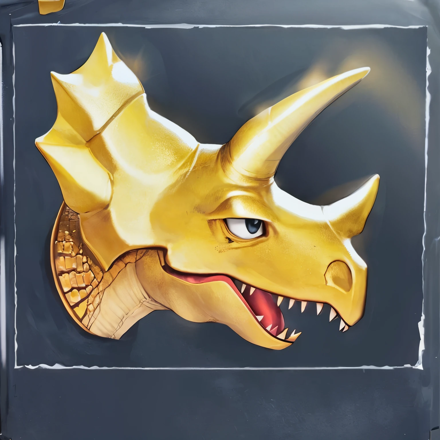 There is a picture of a dinosaur head, triceratops, gold,Gold texture