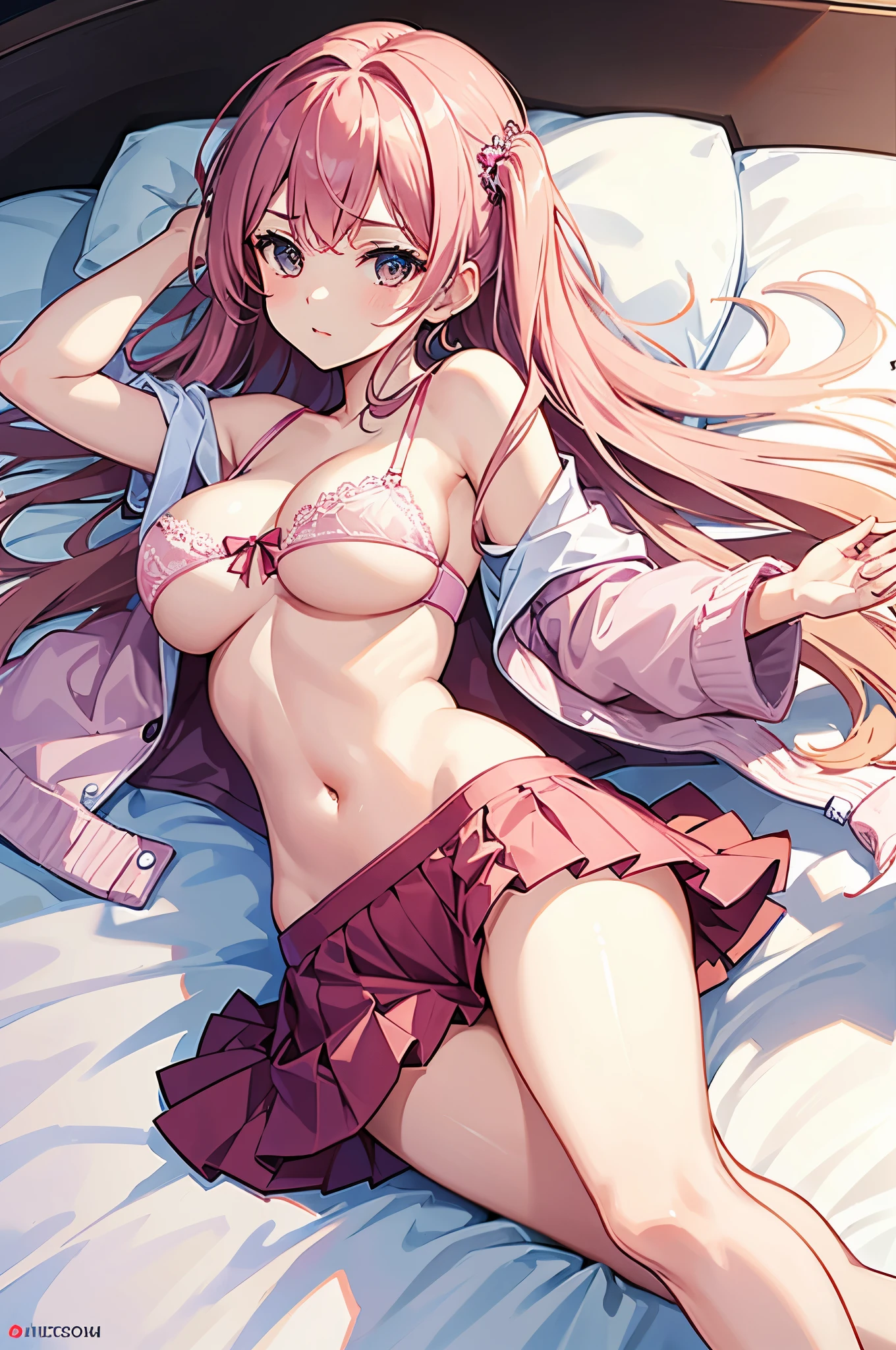 a girl,underwear,big breasts,Lying in bed,legs spread,Pink pleated skirt,masterpiece,high quality
