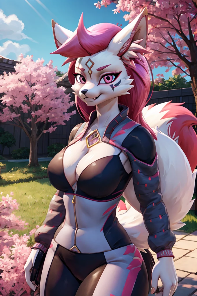 Kimiko five-tails, skin tight outfit, fangs, white fur, face markings, cleavage, tail, butt, seductive, pink hair, pink eyes, 1girl, sakura tree in background, masterpiece, realistic, best quality, ultra detail, ultra high res, extreme detail, highres, 8k, uhd
