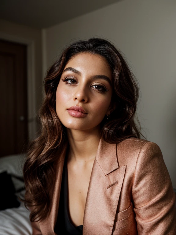 photo of zh_heloiseh, (eye level, headshot:1.2) ,wearing makeup and with black hair, she is wearing suit jacket , she is wearing monocle, her hair is styled as rose gold hair, BREAK she is (in the bedroom:1.1),  shot on Sony A7III