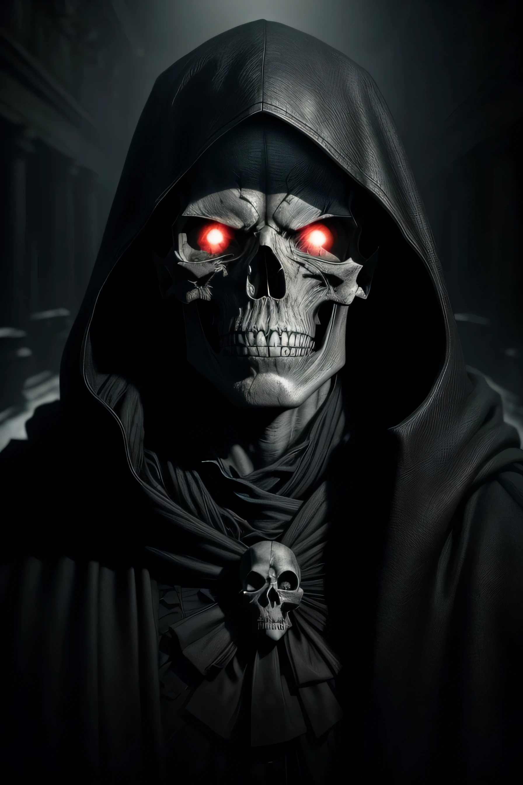 A photorealistic image of a skull, deep dark eye sockets, wearing hooded cape, captured in incredible detail, (8K quality), dramatic lighting, vivid texture, sharp focus, artistic composition, Greg Rutkowski photographic style, well-defined shadows, sharp contrast, dark and enveloping background, minute details in the bones and teeth, expression of rawness and mystery, macabre and impressive aesthetics, subtle use of shadows to create depth, (trending on ArtStation:1.2), (trending on Instagram:1.1), (extreme attention to detail), (dark and intense atmosphere), (post-apocalyptic photographic style), (great use of textures and shadows), (highlighting the sharpness of the details), (impressive use of light and shadow to create a chilling atmosphere), (impressive depth effects), (dark and cold tones), (sinister and mysterious atmosphere), (drama in composition and lighting), (breathtaking visual quality), (an impressive work of art), (a skull that seems to come to life)