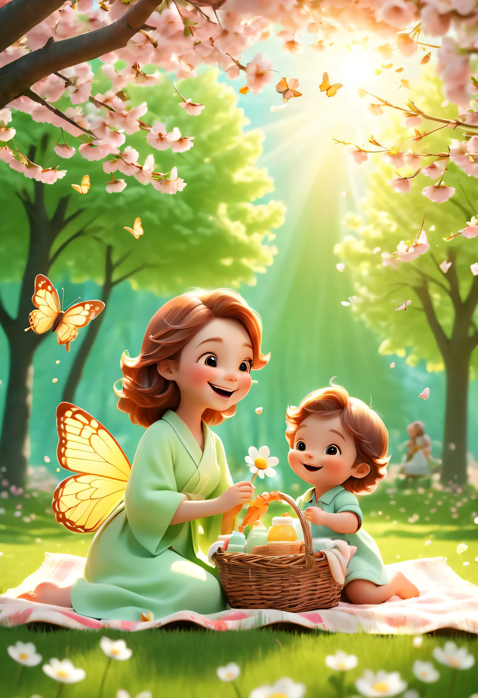  skin care product poster design, Vibrant green color scheme embodies freshness and spring atmosphere, Mom and babyoy picnic theme, 3D Disney-Pixar-style designed characters exude warmth and joy, Baskets filled with organic baby skie products are prominently displayed, blooming meadows and soft, Fluffy clouds as background，Symbolizes purity and safety, The product is surrounded by soft glitter，Highlight its gentle nature, Soothing sunlight filtering through the cherry blossom trees creates a tranquil environment, Playful butterflies and laughing daisies are scattered everywhere，Adds a touch of whimsy, (best quality,4K,8k,high resolution,masterpiece:1.2), Super detailed, (vivid, photoactual, actual:1.37), bright colors, human development report, ultra high definition, studio lighting, sharp focus, Physically based rendering, extremely detailed description, professional, invite, Comfortable pose of mother and child, Eyes of happiness and trust, soft, Clothes and picnic blankets are made from natural materials，Emphasis on environmental protection