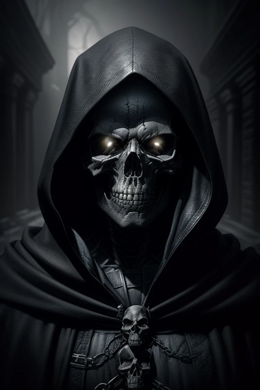 A photorealistic image of a skull, deep dark eye sockets, black eyes, wearing hooded cape, captured in incredible detail, (8K quality), dramatic lighting, vivid texture, sharp focus, artistic composition, Greg Rutkowski photographic style, well-defined shadows, sharp contrast, dark and enveloping background, minute details in the bones and teeth, expression of rawness and mystery, macabre and impressive aesthetics, subtle use of shadows to create depth, (trending on ArtStation:1.2), (trending on Instagram:1.1), (extreme attention to detail), (dark and intense atmosphere), (post-apocalyptic photographic style), (great use of textures and shadows), (highlighting the sharpness of the details), (impressive use of light and shadow to create a chilling atmosphere), (impressive depth effects), (dark and cold tones), (sinister and mysterious atmosphere), (drama in composition and lighting), (breathtaking visual quality), (an impressive work of art), (a skull that seems to come to life)
