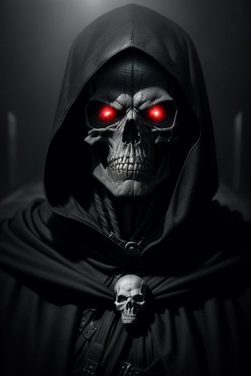 A photorealistic image of a skull, deep dark eye sockets, black eyes, wearing hooded cape, captured in incredible detail, (8K quality), dramatic lighting, vivid texture, sharp focus, artistic composition, Greg Rutkowski photographic style, well-defined shadows, sharp contrast, dark and enveloping background, minute details in the bones and teeth, expression of rawness and mystery, macabre and impressive aesthetics, subtle use of shadows to create depth,  (trending on ArtStation:1.2), (trending on Instagram:1.1), (extreme attention to detail), (dark and intense atmosphere), (post-apocalyptic photographic style), (great use of textures and shadows), (highlighting the sharpness of the details), (impressive use of light and shadow to create a chilling atmosphere), (impressive depth effects),  (dark and cold tones), (sinister and mysterious atmosphere), (drama in composition and lighting), (breathtaking visual quality), (an impressive work of art), (a skull that seems to come to life)