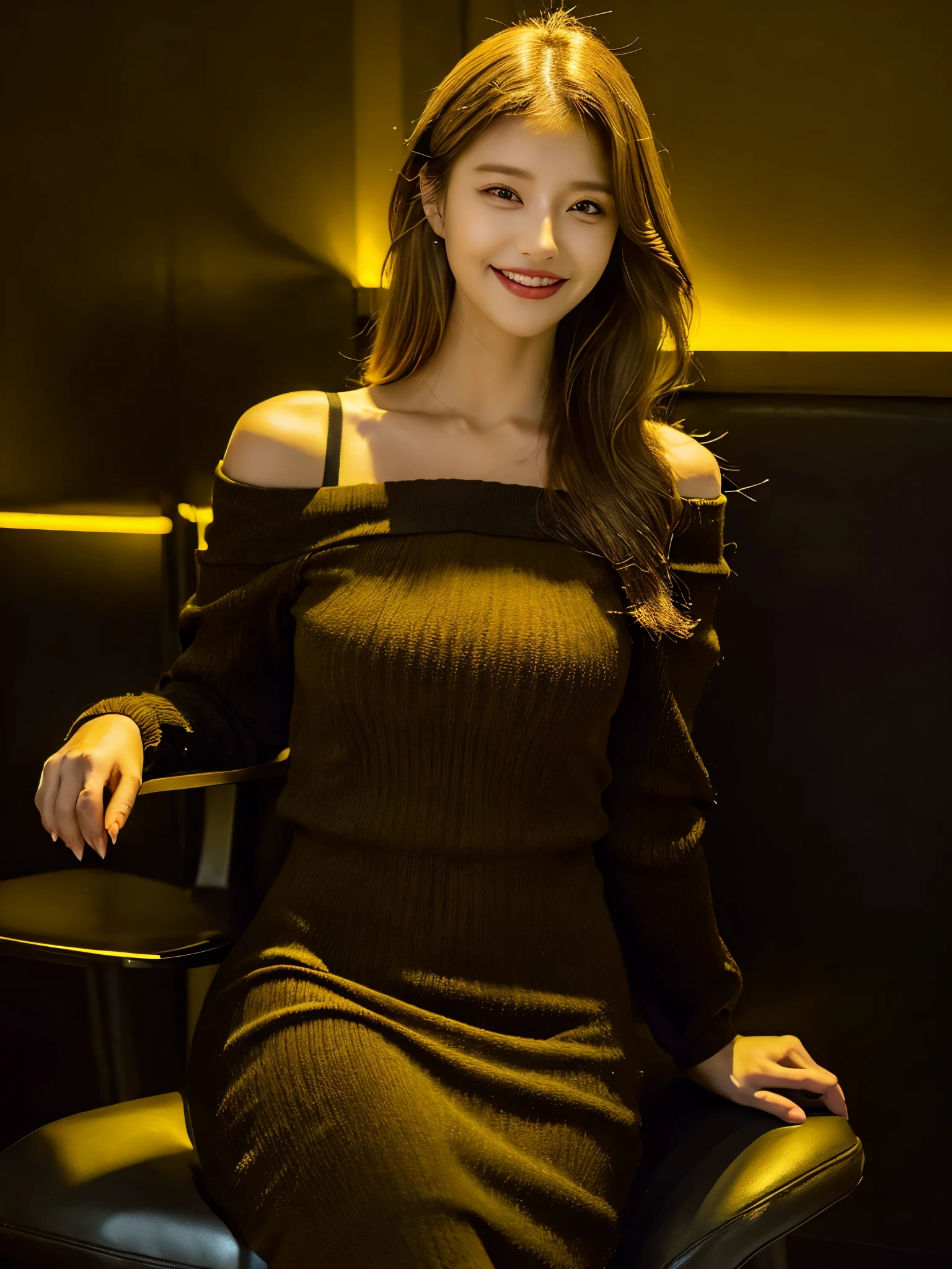 (Dark yellow color background: 1.5), Gorgeous lingerie, Gorgeous panties, Realistic lighting, light brown hair, smile, light smile, seductive smile, Verism, first-person view, pov, Surrealism, 8k, UHD, best quality, highres, award winning, high quality, high details, super detail, textured skin, anatomically correct, masterpiece, ccurate, retina, 1girl, solo, full body, (Crossed leg), (sit in a chair), (Sexy look), V-neck Off shoulder, V-neck knit dress, Tight dress, Princess dress, mini-knit dress, Knee length, knit dress, party dress, long sleeve, Lady, sexy, Knee length casual dress, Elegant, office lady, Second meeting, wedding style, Korean Fashion, Kpop star, Kpop fashion, Kpop idol
