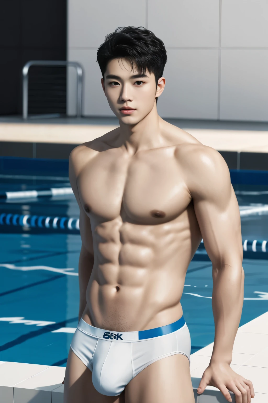1boy, solo, (masterpiece, ultra quality, high resolution, 8k, intricate: 1.2), (detailed face:1.2), handsome, Young Korean man ,white skin, double eyelids , detailed skin, 1boy, ((realistic)), male focus, ((realistic)), ((pale skin)), volleyball, bulge, short black hair, detailed skin, pores, absurdres, male focus,wearing nothing, completely naked , Realistic, fully naked, nude, perfect , male , correct male scrotum, perfect scrotum, male structure, correct male genitelia, huge and veiny male genitelia, hard male genitalia, erect male genitalia,((realistic)), ((pale skin)), [[muscles]], hunk, handsome, sports, sexy, 1boy, hunk, muscle vein, perfect body, breaststroke  , no extra people, no extra, standing in a pool