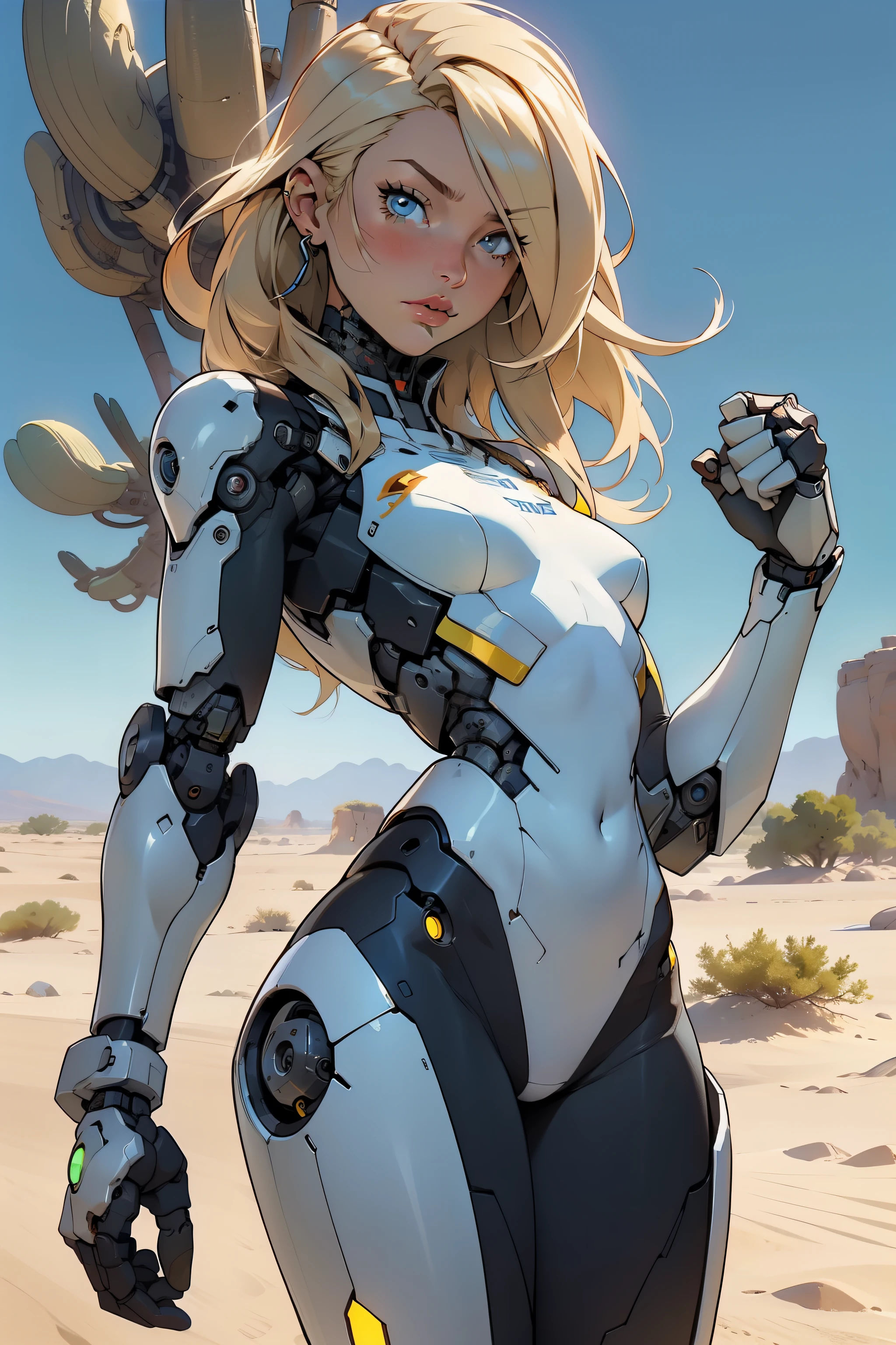 high quality, 4k, masterpiece, beautiful, cyborg girl, cowboy shot, dull eyes, looking at viewer, long blonde hair, girl, small breasts, fit thigh, robotic arms, robotic body, cyborg body, yellow accent, intricate detail, joint, detailed lines, robotic detail, holding fist up, holding hand up as fist, color robotic parts, robotic parts with color, perfect fingers, on a desert planet, sunny background, colorful desert,