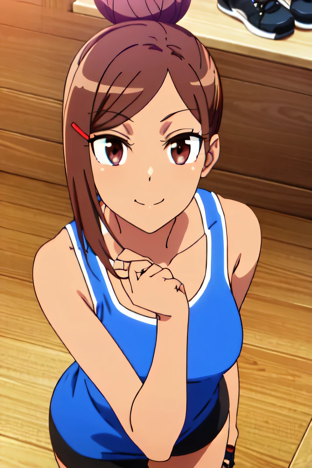 AYAKA UEHARA, BROWN HAIR, HAIR ORNAMENT, (BROWN EYES:1.5), HAIRCLIP, DARK SKIN, HAIR BUN, DARK-SKINNED FEMALE, SINGLE HAIR BUN, 1girl, solo, upper body, facing viewer, (looking at viewer:1.5), in the center, smile, SHIRT, WHITE SHIRT, SHOES, SHORTS, SLEEVELESS, BLACK FOOTWEAR, SLEEVELESS SHIRT, BLACK SHORTS, TANK TOP, SNEAKERS, in the gym