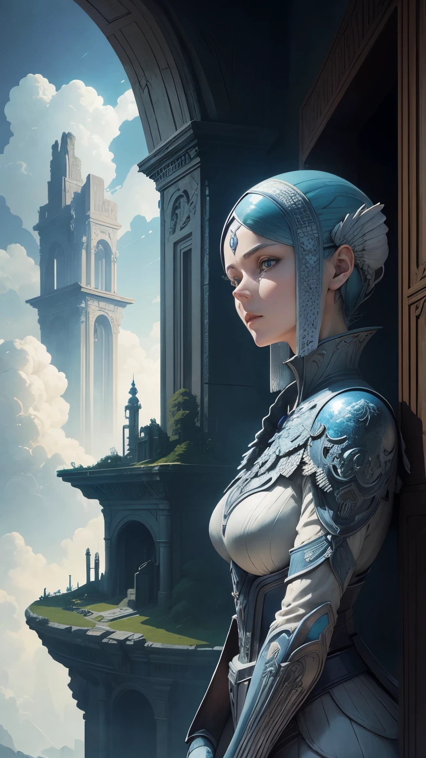 François Schuiten, lebbeus woods, Mysterious, strange, surreal, bizarre, fantasy, Sci-fi, Japanese anime, Roman ruins, statue made of various types of three-dimensional assemblages, blue sky and thunderclouds, detailed masterpiece bird’s eye view wide angles, hyper realistic sharp focus beautiful girl voluminous body