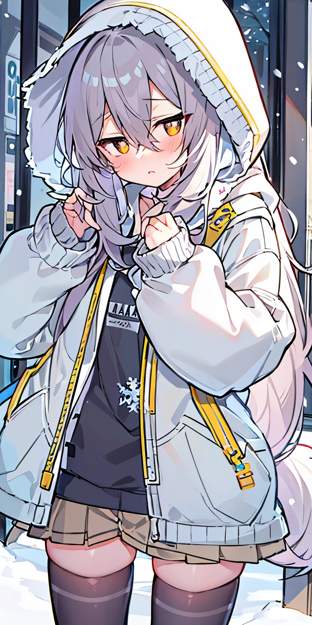 、long hair、cute、white stockings、Heart-shaped pupils、solo、gray hair、indoor、blush、winter、snow、outdoor,golden eyes、Ahoge、(((Black hoodie)))、