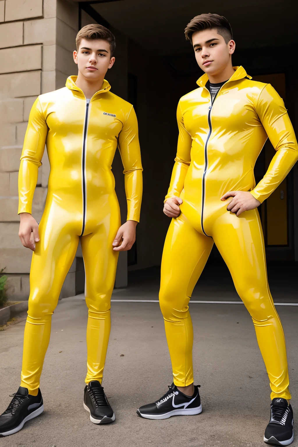 Two high school boys wearing yellow latex catsuit with socks 