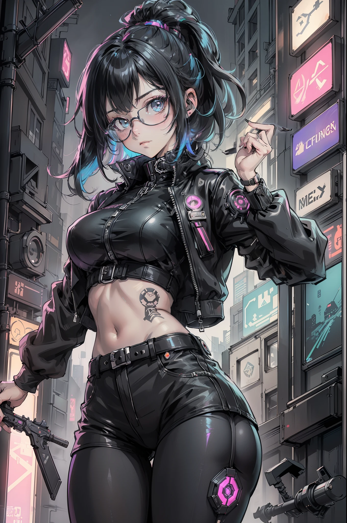 1 girl ,tmasterpiece, Best quality at best, ultra - detailed, illustratio, Cyberpunk rebel hacker style: Future city quality: Sharp and dynamic, Depict a character: Tech-savvy roles are inspiring: Neon city lights reflect her cybernetically enhanced shadowold contrasts accentuated her confident and bold outfit: High-tech tights leather jacket, Augmented reality glasses background: A gritty back alley filled with holographic graffiti and neon lights