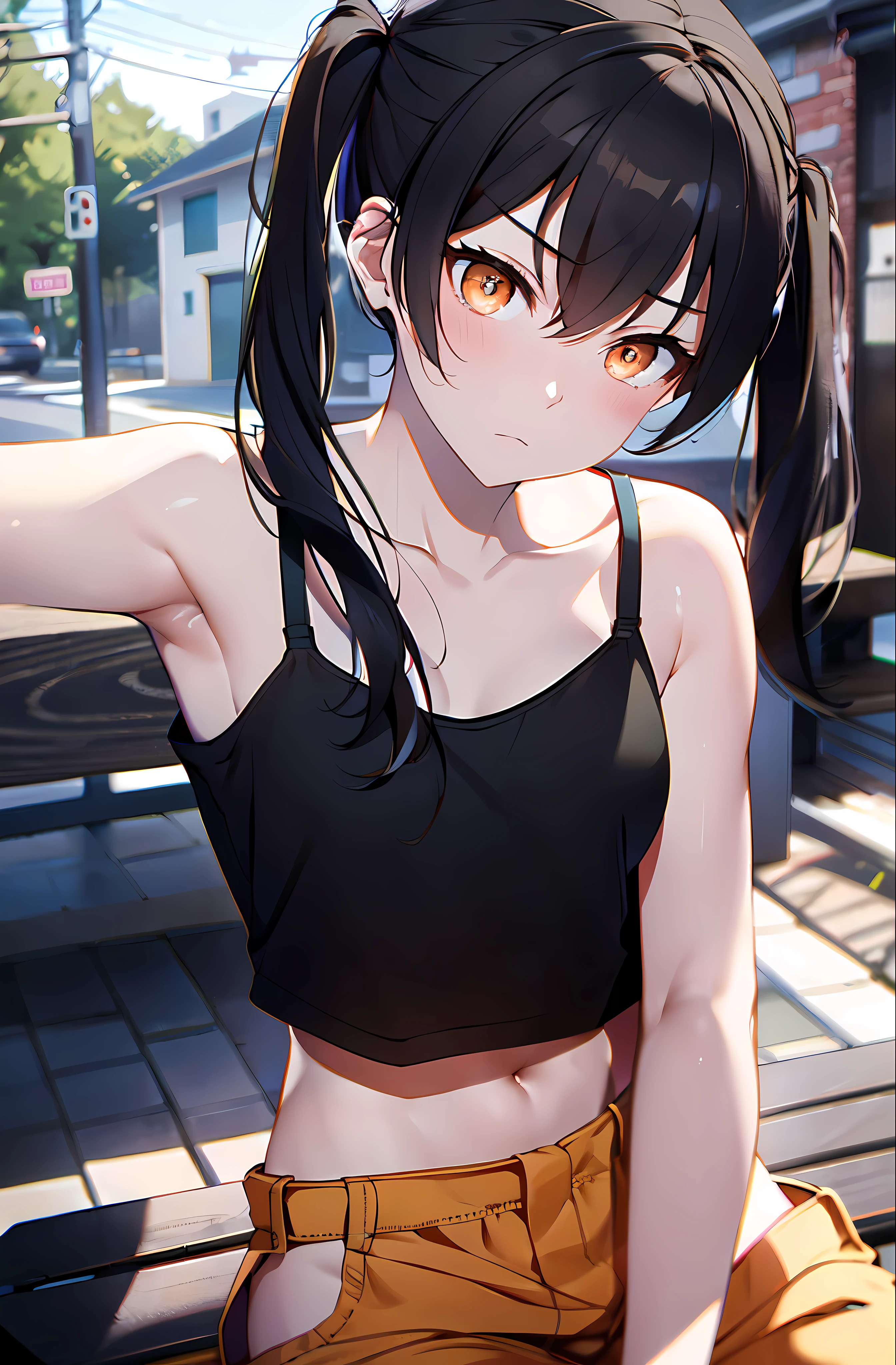 detailed, (masterpiece:1.2), (pale_skin:1.2), (solo:1.2), (female), slender, (black hair), outdoors, headtilt, yellow eyes, bare shoulders, twintail, collarbone, (black camisole), (orange baggy pants), sitting, bench